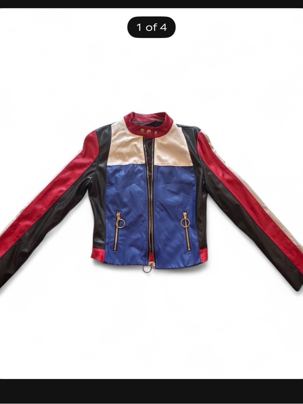 Colorblock Faux Leather Motorcycle Jacket - Blue/Red/Black/Cream